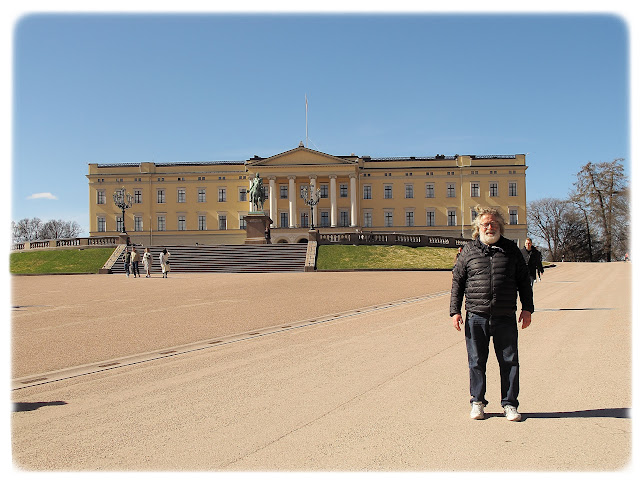 Bjørn foran slottet i Oslo. Baks ser skulpturen av Karl Johan.