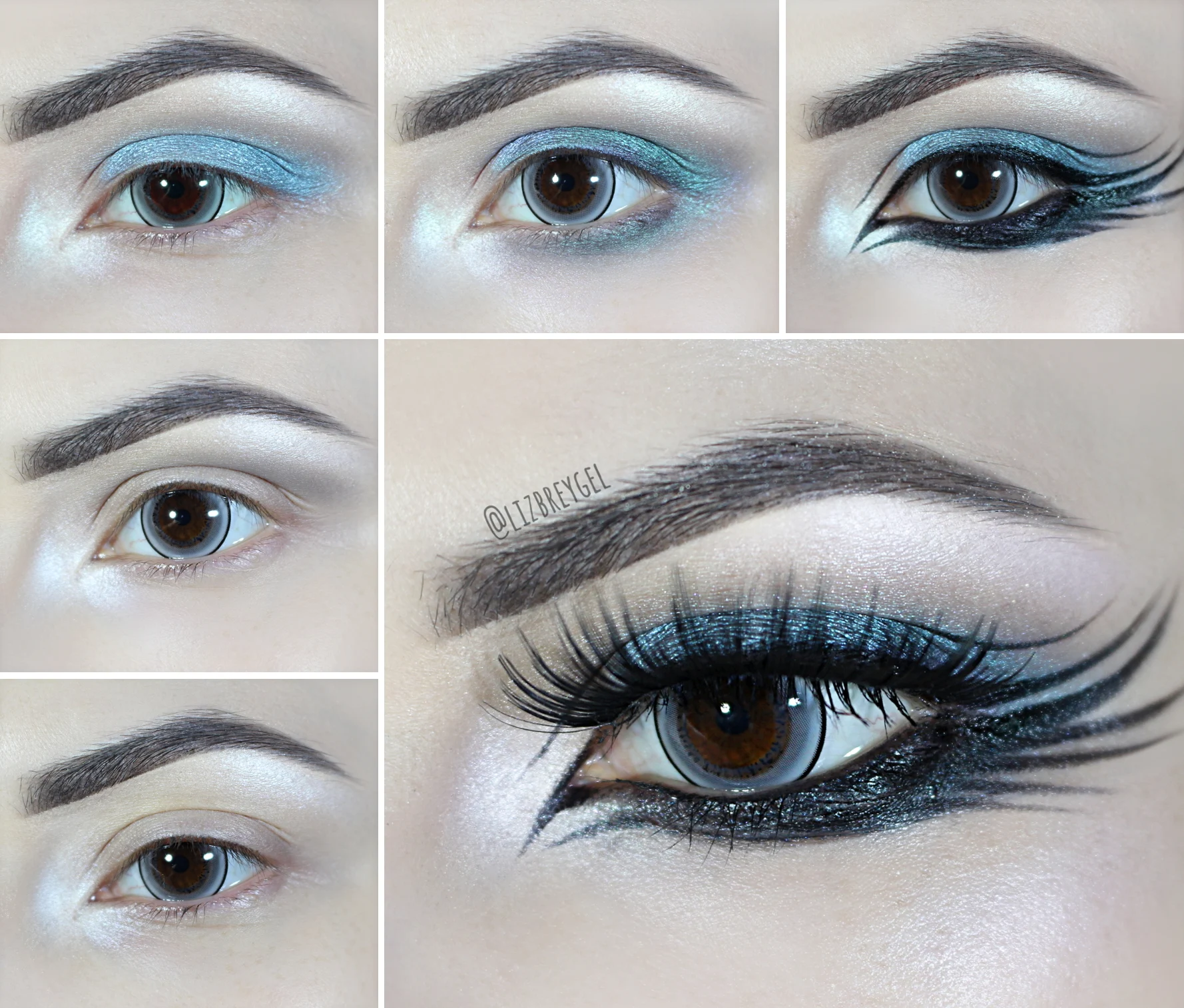 collage with step-by-step pictorial on how to do a beautiful, gothic eye look inspired by a raven wing