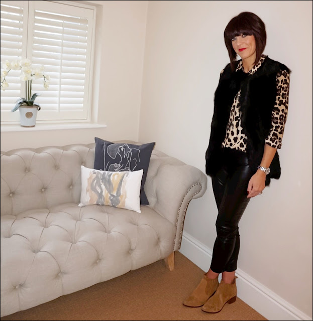 My Midlife Fashion, Zara leopard print blouse, the white company reversible sheepskin gilet, french connection faux leather trousers, zara cowboy heel ankle boots