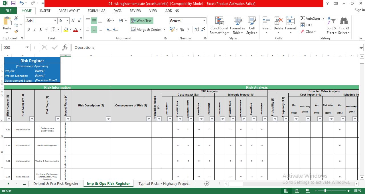 Project Risk Register Template in Excel