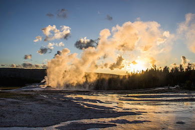 A pictue of a geyser ( called Lion Geyser) taken by Mara Reed during a sunrise.