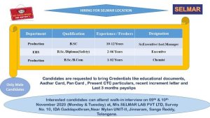 Selmar Labs | Walk-In for Production / EHS on 9th & 10th Nov’ 2020 at Hyderabad