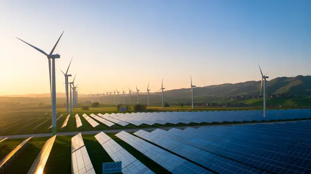 A photograph of a sprawling wind and solar farm in rural China, bathed in the golden light of a rising sun. Rows upon rows of sleek, modern wind turbines stand alongside expansive solar panel arrays, reflecting the morning light, with a small sign reading "2025 Carbon Neutrality" visible in the foreground. In the distant background, a traditional Chinese village nestled among lush green hills suggests a seamless transition to sustainable energy, while a clear blue sky completes the serene, hopeful scene. The image evokes a sense of progress and environmental stewardship, symbolizing China's commitment to a greener future.