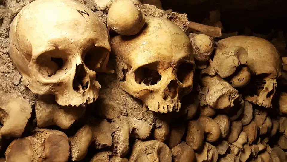 Eerie skulls and bones in the Paris Catacombs