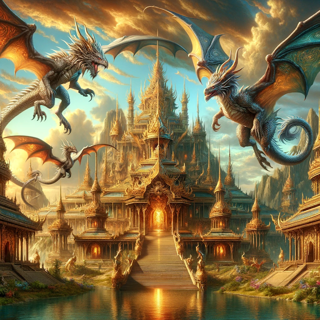 An artist's depiction of the ancient dragon-worshipping empire, showcasing majestic dragons soaring above grand, mystical temples