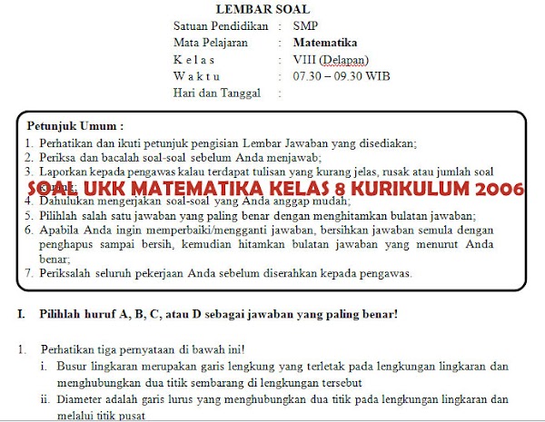 Soal UKK Matematika SMP Kelas 8 Kurikulum 2006 