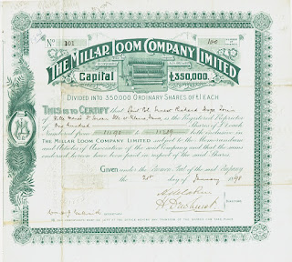 Millar Loom share certificate issued to Lieutenant-Colonel Enrnest Richard Hope Torin