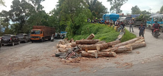 Truk Pengangkut Kayu Terbalik di Jalan Jamin Ginting Km 50
