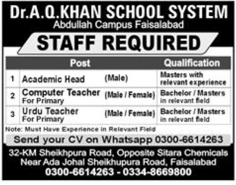 Latest Dr. AQ Khan School System Faisalabad Jobs 2022