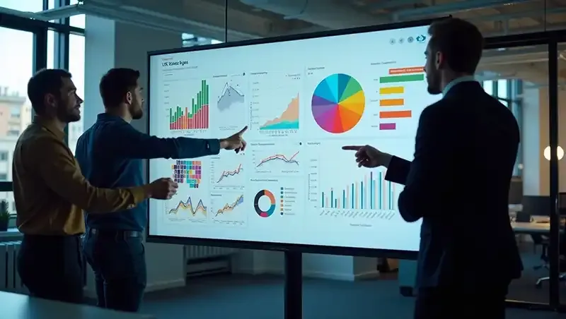 Digital marketing team analyzing user engagement charts and UX wireframes on a touchscreen in a collaborative office environment, highlighting the link between UX and user interaction.