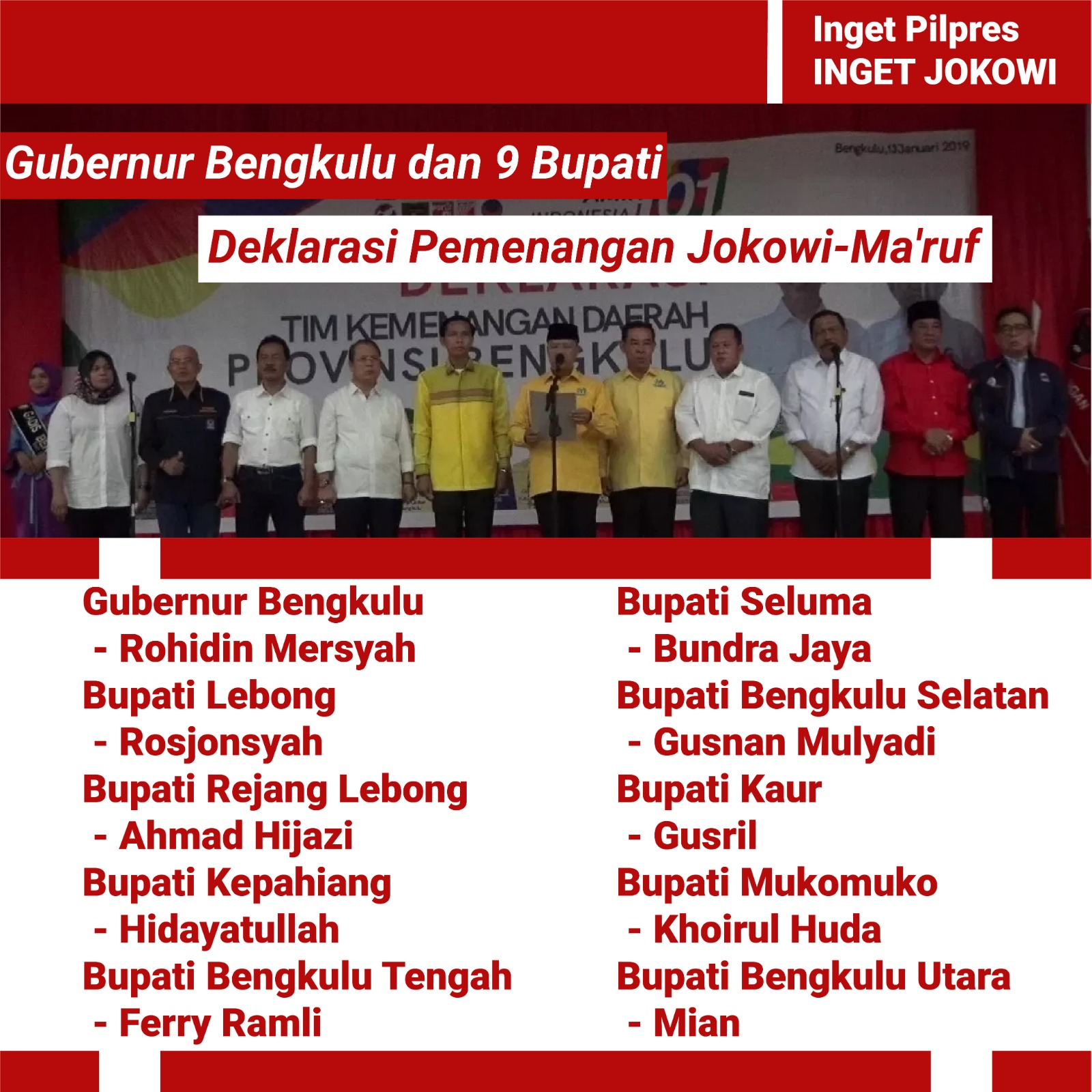 Gubernur Bengkulu Rohidin Mersyah Bersama 9 Bupati Menggelar Deklarasi Pemenangan Joko Widodo Maruf Amin