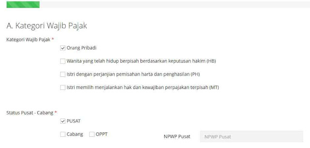 pilih kategori wajib pajak npwp