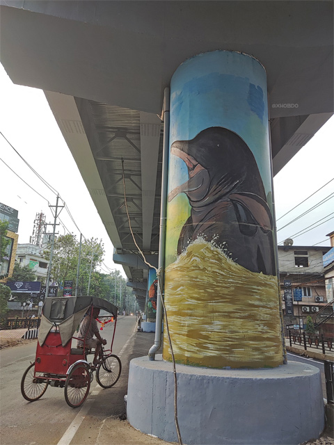 rickshaw puller and river dolphin mural Shraddhanjali Flyover