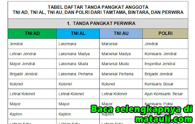 Tabel Daftar Tanda Pangkat Anggota TNI Polri