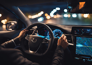 A driver using a dash cam and GPS navigation system while driving.