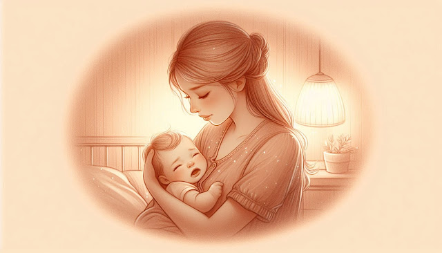 A mother lovingly comforting her fussy baby in a peaceful, softly lit nursery.