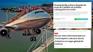 Avión con gente en el techo sobrevolando el puente de Florianópolis.