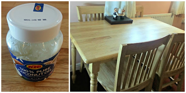 Coconut Oil and a polished wood table. 