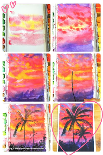 How to draw Watercolor sunset landscape with palm tree  step by step tutorial for beginner
