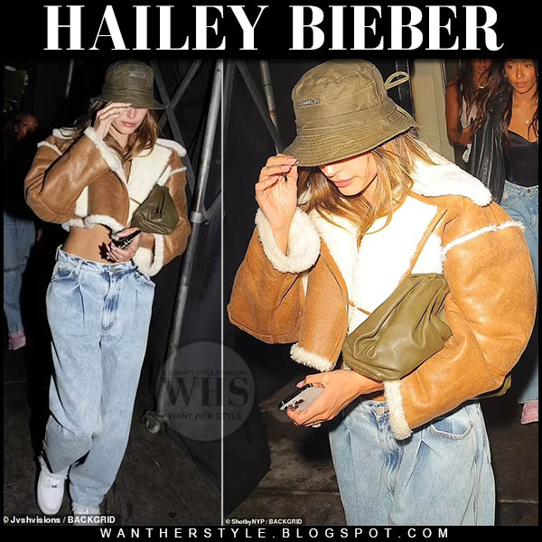 Hailey Bieber in brown cropped shearling leather jacket and jeans