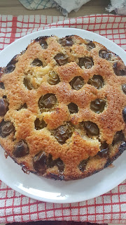 Round cake studded with cooked greengages