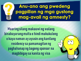 Filed under the category of Abu Dhabi, Al Ain, consulates, Crackdown, Dubai, Embassies, Emirati population, EXPATRIATES, Filipinos in the UAE, illegal residency, illegal residents, ofw, overseas Filipinos workers, United Arab Emirates  There are almost 700,000 overseas Filipinos workers (OFW) living in the United Arab Emirates (UAE), 450,000 of which live in Dubai comprising 21.3% of the total population of Dubai. It is the largest population of Filipinos in the UAE, followed by Abu Dhabi and Al Ain. OFWs in the UAE sent over US$500 million in remittances to the Philippines. The UAE is home to over 200 nationalities. Emirati population is only about 20% of the total population.   To address illegal residency issues, the UAE government is giving amnesty to the expatriates, giving them a chance to correct their residency status before the anticipated crackdown on illegal residents. The amnesty 3-month amnesty period will begin on August 1 until October 31 this year.  Embassies and various consulates representing the expatriates are also expected to coordinate with its nationals during the amnesty period.  Advertisement         Sponsored Links         Expatriates who are staying illegally in the UAE are encouraged to apply for the amnesty. For more information and guidance about what the amnesty is all about and how to avail of it, please check out these useful questions and answers concerning the amnesty to be given to the expats who have issues with their residency in the Gulf state.  1. What is the duration of the amnesty?  Residents can avail of the amnesty for three months from August 1 to October 31  2. Who are the people eligible for amnesty?  The individuals who are staying illegally in the country can apply for amnesty.  3.  What are the two options available for illegal residents under amnesty? Those who wish to exit the country can go back to their home countries without paying fines or facing a jail term. Or individuals can regularise their status by getting a new visa under a sponsor.  4.  Will those who entered the country illegally be given amnesty?  Yes. But they will exit the country with a two-year ban.  5. Will there be a permanent ban on reentering the UAE for those who avail of amnesty?  No. There will be no ban, and people can re-enter the country on valid visas.  6.  Will the applicant have to pay to overstay fines before modifying their illegal status?  No. Applicants of amnesty will get a waiver on all overstaying fines.  7. What kind of violations will not fall under the amnesty scheme? People who have been blacklisted and also those who have legal cases against them are not eligible for amnesty. All residency violations will fall under the amnesty scheme.  8. Can those who have an absconding report against them apply for amnesty?  Yes, Immigration authorities will remove the absconding report and issue exit permit without a ban.  9. Can applicants who modify their status apply for jobs in the UAE? A: Yes. Applicants can register in the virtual job market available on the website of the Ministry of Human Resources and Emiratisation  10. How long can those who modified their residency status stay in the country to look for jobs? A: People looking for jobs can obtain a six-month temporary visa to look for employment.  11. How can residents apply for amnesty?  A: Illegal residents wishing to exit the country can approach the Immigration department and get an exit permit.  12. What are the documents residents need to submit? A: Residents need to submit the original passport or EC (emergency certificate). They also need to submit an air ticket along with the application.  13. What is the fee for applying for exit permit? A: A fee of AED220 is charged on the exit permit.  14. What is the fee for modifying residency status? A: A fee of AED500 is charged.  15. Can residents without passports apply for amnesty? A: Yes, Residents without passports can also apply.  16. What is the time period to exit the country after getting the exit pass? A: Individuals have to exit within 10 days of getting the exit pass.  17. How can those who cannot come to the Immigration apply for amnesty? A: Immigration will issue exit permits based on medical reports or letter from the embassy or consulate.  18. How many amnesty service centers have authorities established across the UAE? A: A total of nine centers have been established at the centers of the General Directorates of Residency and Foreign Affairs across the UAE.  19. Where are the centers in Abu Dhabi located? A: Al Ain, Shahama, and Al Garbia  20. Where can people submit their documents in Dubai? A: At Al Aweer Immigration center  21. What is the location for other emirates? A: The amnesty centers are located at the Immigration Offices in the emirates.  22. What are the timings for the centers? A: The amnesty service centers will open from 8am to 8pm.  Families coming from war-torn countries like Syria and Yemen will be granted a one-year residence visa without restrictions attached.    Meanwhile, a social media post from the Philippine Embassy in the UAE said that for the OFWs who wish to be repatriated to the Philippines, the Philippine government will shoulder their one-way plane ticket and other fees.   However, the embassy clarifies that it is only applied to only those who are willing to go back home.  For more information regarding the details of the amnesty, keep in touch with  Philippine Embassy in Abu Dhabi or send an email to atn.abudhabi@gmail.com    For those who are in Dubai and the Northern Emirates, they can go to the Philippine Consulate in Dubai  or send an email to amnesty@pcgdubai.ae or call 04 220 7100    Filed under the category of Abu Dhabi, Al Ain, consulates, Crackdown, Dubai, Embassies, Emirati population, EXPATRIATES, Filipinos in the UAE, illegal residency, illegal residents, ofw, overseas Filipinos workers, United Arab Emirates  READ MORE:  Find Out Which Country Has The Fastest Internet Speed Using This Interactive Map    Find Out Which Is The Best Broadband Connection In The Philippines   Best Free Video Calling/Messaging Apps Of 2018    Modern Immigration Electronic Gates Now At NAIA    ASEAN Promotes People Mobility Across The Region    You Too Can Earn As Much As P131K From SSS Flexi Fund Investment    Survey: 8 Out of 10 OFWS Are Not Saving Their Money For Retirement    Can A Virgin Birth Be Possible At This Millennial Age?    Dubai OFW Lost His Dreams To A Scammer    Support And Protection Of The OFWs, Still PRRD's Priority