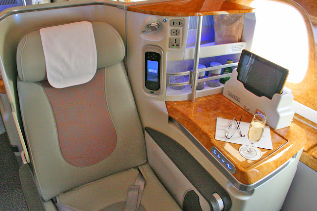 Business class seat aboard an Emirates A380