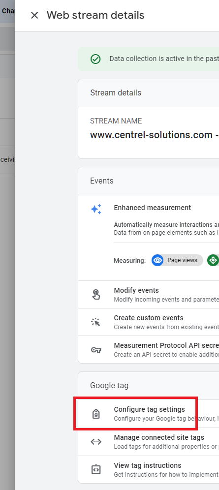 Screenshot of Web stream details with Configure tag settings in Google Analytics 4