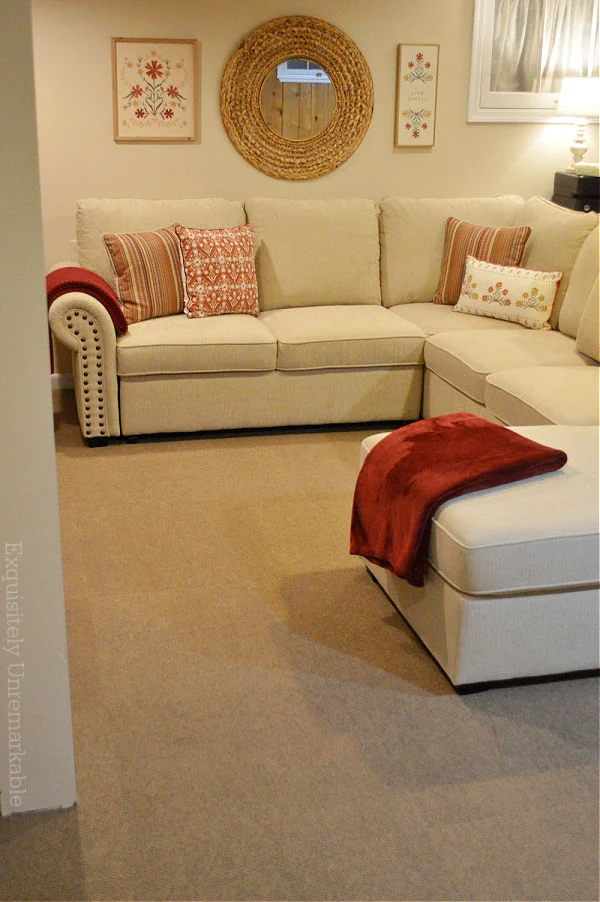 Basement Family Room With Peel and Stick Carpet Tiles