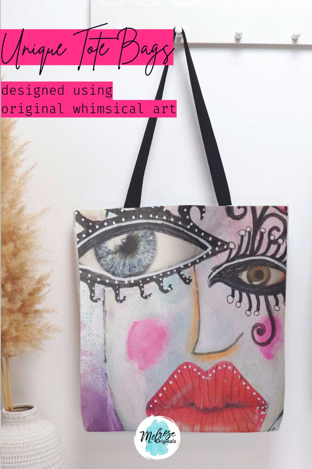 all over print tote bag with whimsical quirky face  hanging on a wall