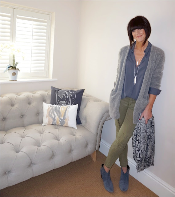 My Midlife Fashion, Olia Jewellery Feather Necklace, American Vintage shirt, H&M Mohair cardigan, hush snake cashmere shawl, zara combat trousers, hush thornton ankle boots