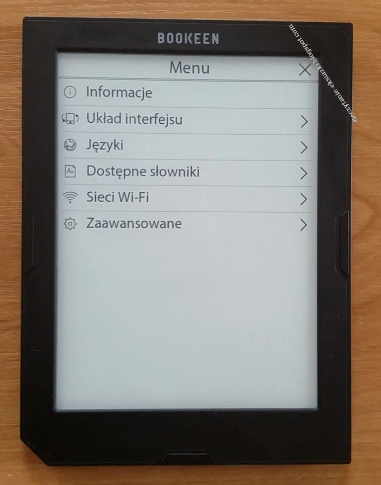 Cybook Muse Light - menu kontekstowe wywowałane z poziomu ekranu głównego