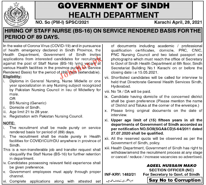 Health Department Sindh Staff Nurse Latest Jobs 2021