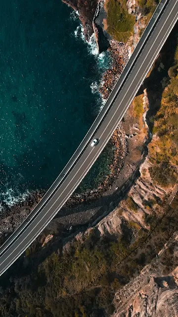 Sea, Coast, Road, Car, Drone Aerial Photo