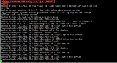 The dump configurations SMADB and SMALOG are created. The target directories for storing dumps are specified. Compression = 101 is used for the dumps, and the header option is specified.