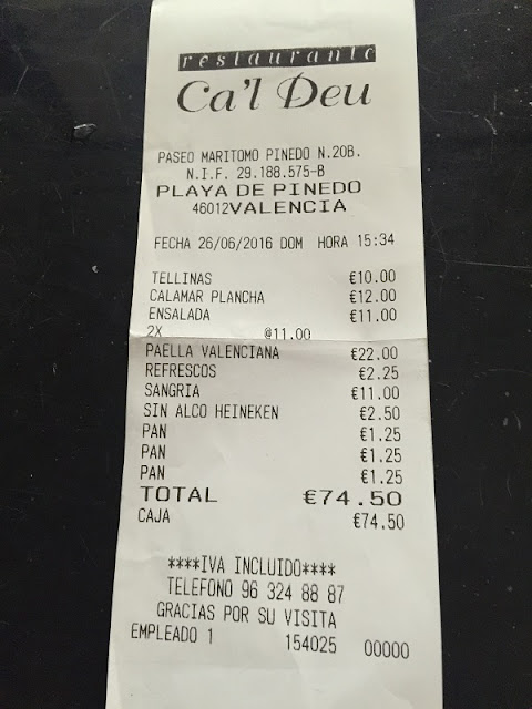 Factura de lo que pedimos en el restaurante Ca´l Deu