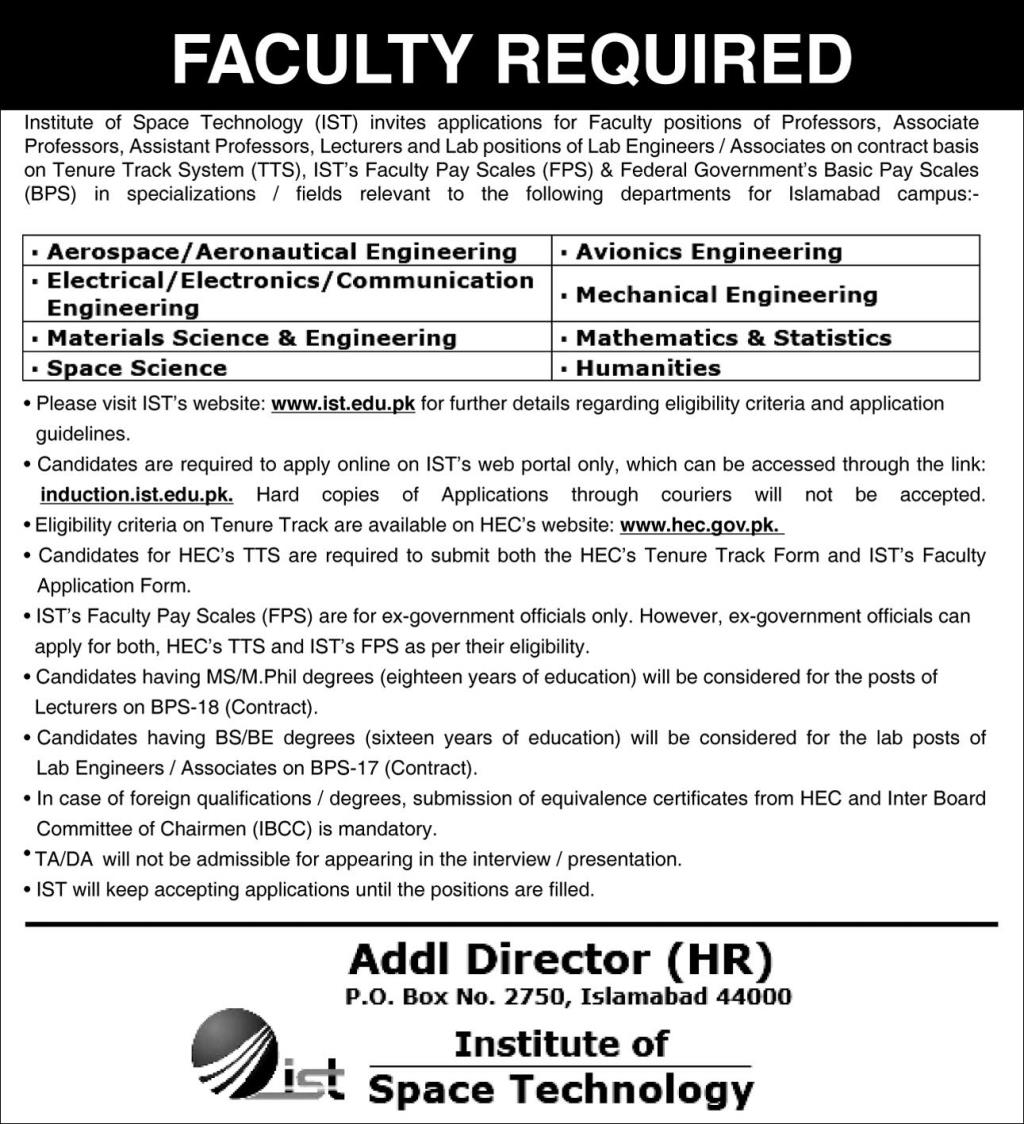 Institute of Space Technology (IST) Jobs 2022 – www.ist.edu.pk