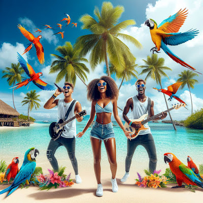 Bahamian Pop Band playing with tropic beach and sea behind and parrots flying.