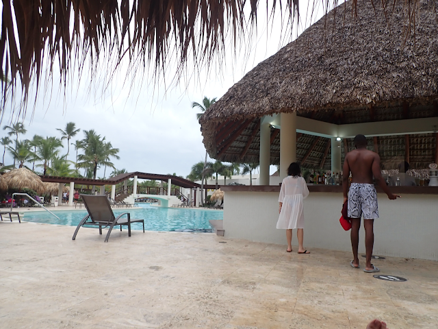 A pool bar with thatched roof, next to a pool. Lounge chairs are visible.