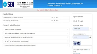SBI PO admit card login screen