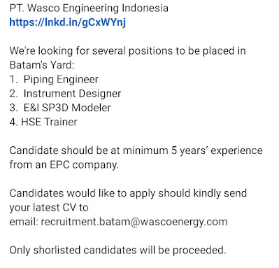 Kerjabatam.com Juni Wasco Engineering Indonesia 2022