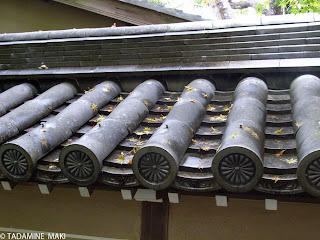 Maple leaves on the tile roofs of the outer wall, at Eikando Temple in Kyoto, Japan