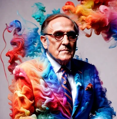 Rudy Giuliani from the waste of surrounded by rainbow colored smoke