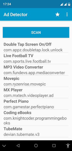 Ad detector screen showing list of apps with ads (adware)