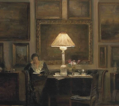 A Lady Reading by Lamplight painting Carl Vilhelm Holsoe