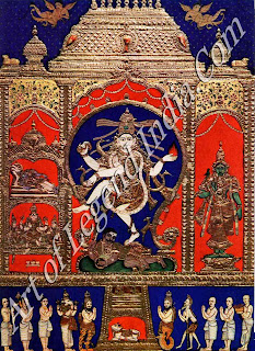 Shiva as Nataraja, Lord of the Cosmic Dance, Wiht Parvati (as Shiwakami), Vishnu (as Govindaraja), Nandi and Devotees Thanjavur Painting