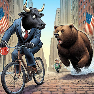 An editorial cartoon of a Wall Street bull riding a bicycle looking backwards at a bear chasing him. Generated with Microsoft Copilot Designer.
