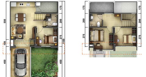 Denah rumah minimalis ukuran 7x11 meter 3 kamar tidur 2 