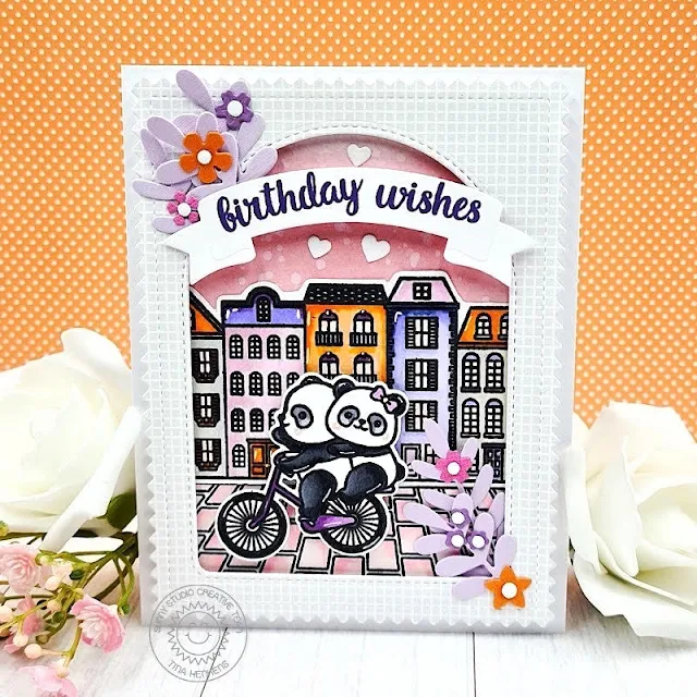 Sunny Studio Stamps: Sprawling Surfaces Birthday Card by Tina Henkens (featuring Bighearted Bears, Charming City, Stitched Arch Dies, Winter Greenery Dies, Brilliant Banner Dies)