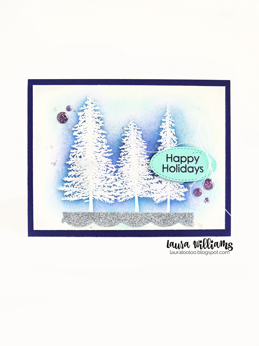 Same stamps, totally different look. . . .To create this look, emboss the trees in white, and then sponge ink over the top. The snowy trees will suddenly POP off the page behind your inky background. I used a combination of blue, purple, and teal - some of the same colors I used on my first card! I love how versatile this stamp set is, for a variety of simple card ideas!